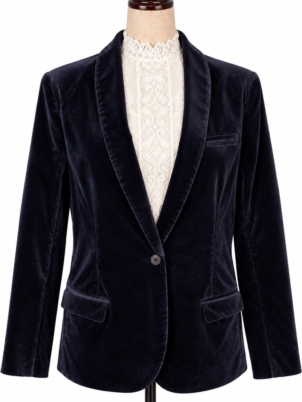 NWT- NYDJ blue velvet tuxedo blazer. mod collar lapel, Fall layer jacket L